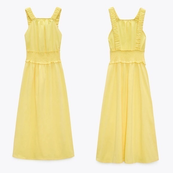 Zara Dresses & Skirts - Zara yellow 100% cotton midi smocked dress NWT